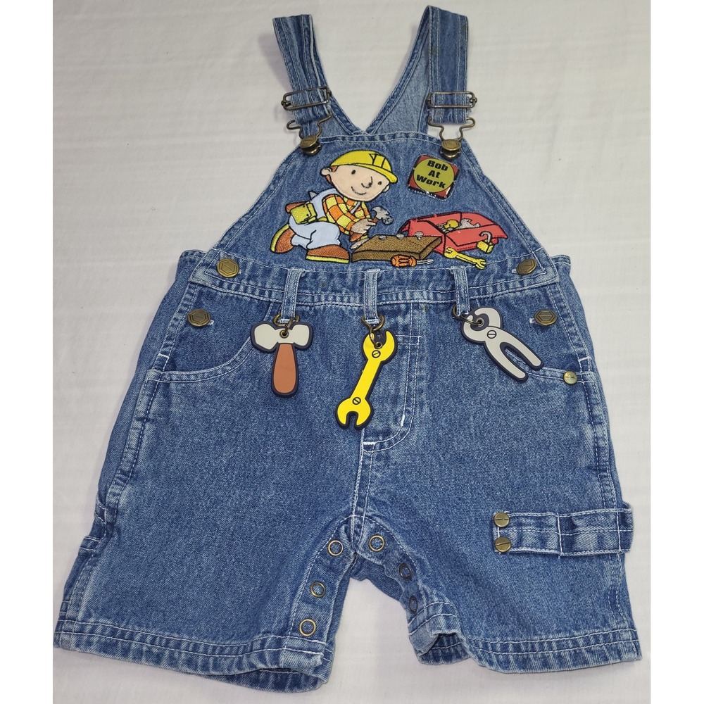 Bob the Builder Denim Overalls Baby 12M Blue Vintage Tool Charms Snap Crotch